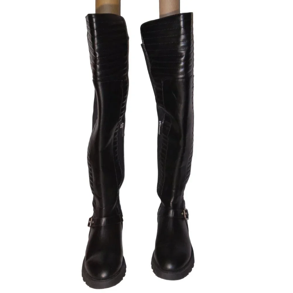 Urmi Riding Boots Buckle Black Faux-Leather size 7.5 7-½